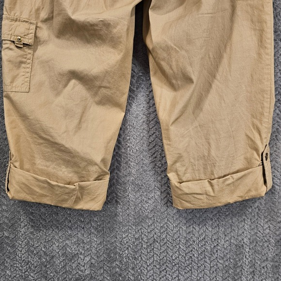 Boho Beach Khaki Cargo Capri Pants Women 4P Tan Utility Cropped Trousers Pockets - Picture 6 of 9
